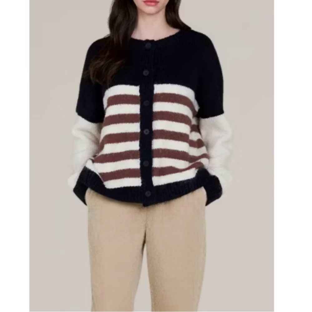 Black and Brown Cardigan with Relaxed Fit and Nautical Stripes
